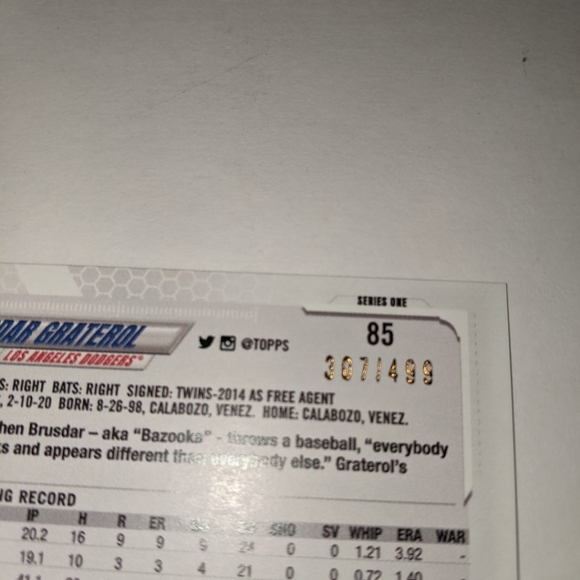 2021 Topps Series 1 GREEN Sparkle SP  BRUSDAR GRAT - Picture 4 of 5